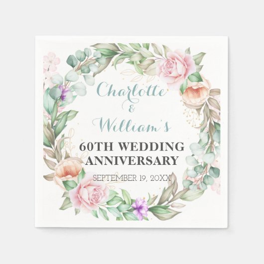 Serviette En Papier Végétation rose 60e Anniversaire du Mariage Diamon (Devant)