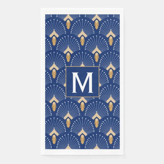 Serviette En Papier Ventilateur Art déco bleu, or et blanc Motif (Devant)