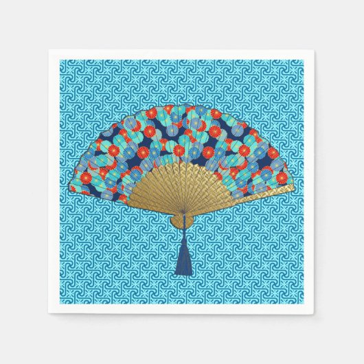 Serviette En Papier Ventilateur déco - Fleurs en Cobalt, Turquoise et  (Devant)