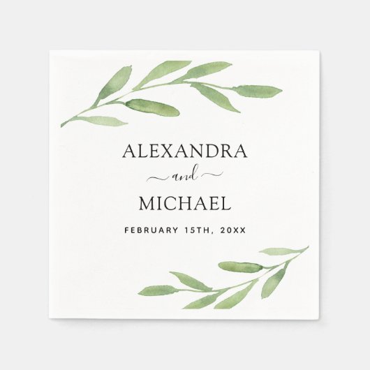 Serviette En Papier Verdure Botanique Elégant Mariage d'aquarelle (Devant)