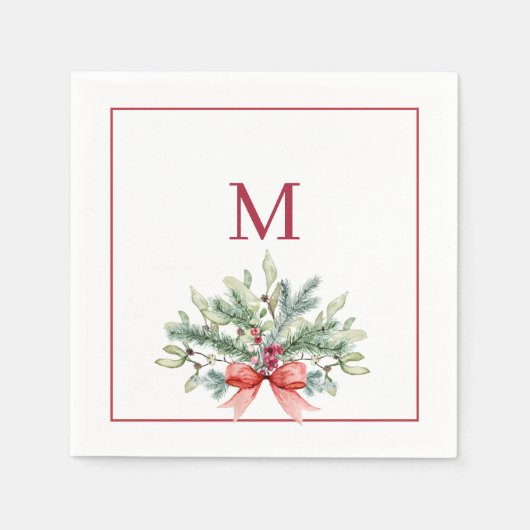 Serviette En Papier Verdure de Noël avec monogramme rouge (Devant)