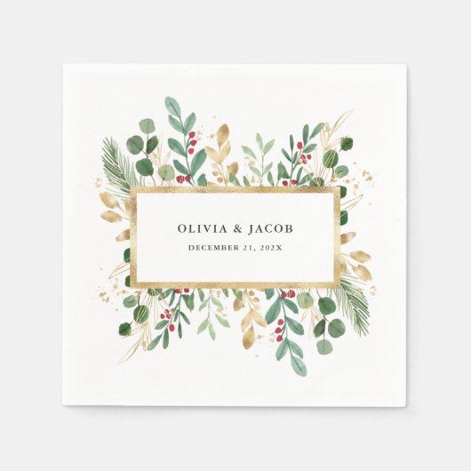 Serviette En Papier Verdure dorée | Mariage de Noël (Devant)