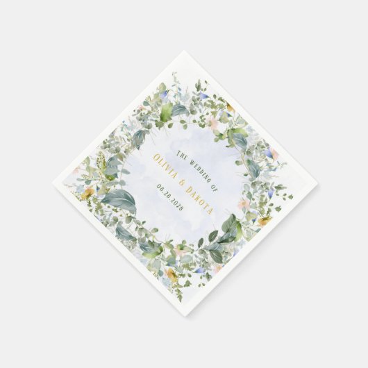 Serviette En Papier Verdure Dusty Blue Aquarelle Fleur sauvage Mariage (Coin)