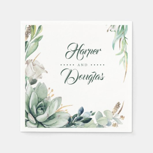 Serviette En Papier Verdure et or Botanique Mariage élégant (Devant)