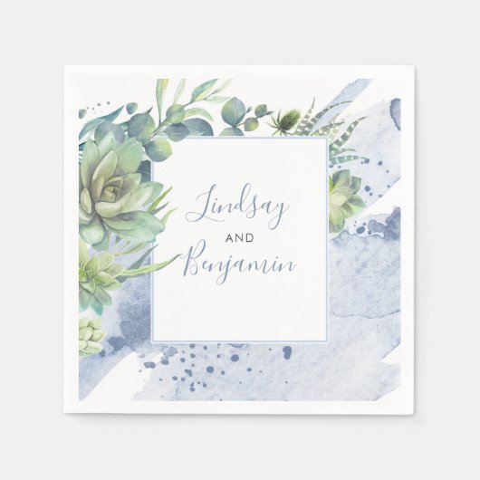 Serviette En Papier Verdure et succulents Bleu poussiéreux Élégant (Devant)
