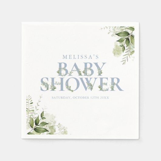 Serviette En Papier Verdure Foliage Boy Dusty Baby shower bleu (Devant)