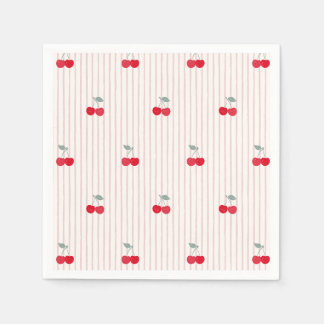 Serviette En Papier Vernis Cœur de Cerises Rouges et Rayures Vintage
