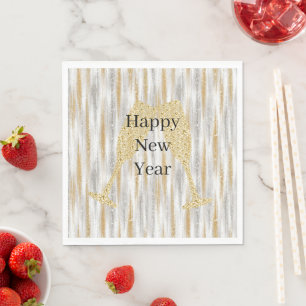 Serviette En Papier Verre à Champagne Diamant Bonne Année Argent Or