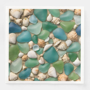 Serviette En Papier Verre de mer bleu et vert de plage et coquillages