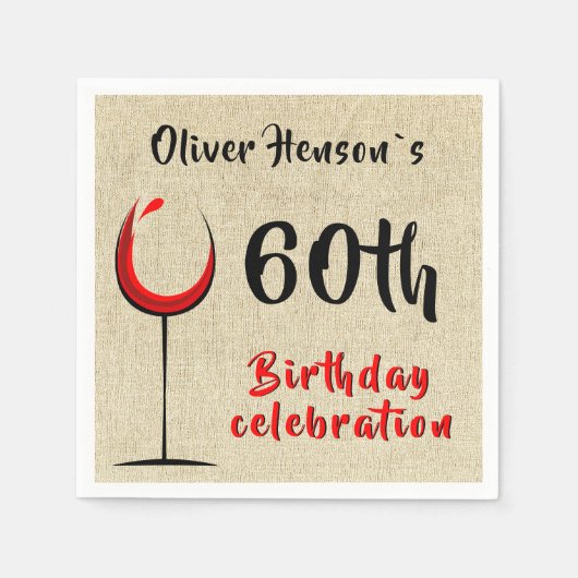 Serviette En Papier Verre rouge rustique 60e fête d'anniversaire (Devant)