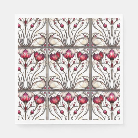 Serviette En Papier Verre Tissu Élégant Rouge Floral (Devant)