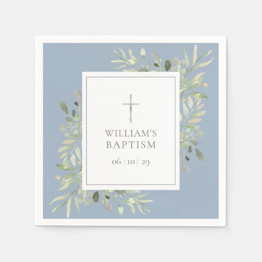 Serviette En Papier Vert Baptême Argent Baptême Baptême Bleu Dusty (Devant)