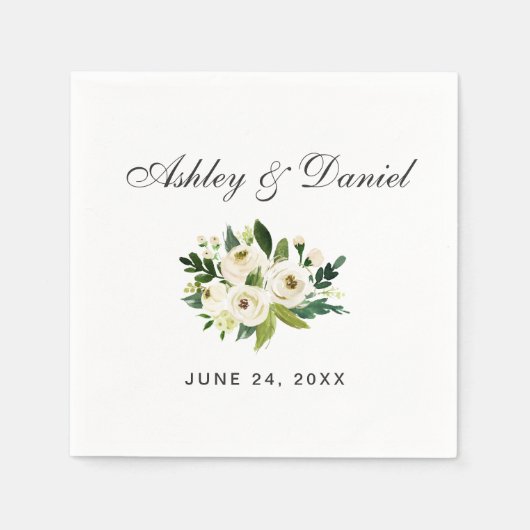 Serviette En Papier Vert blanc Aquarelle Mariage Floral (Devant)