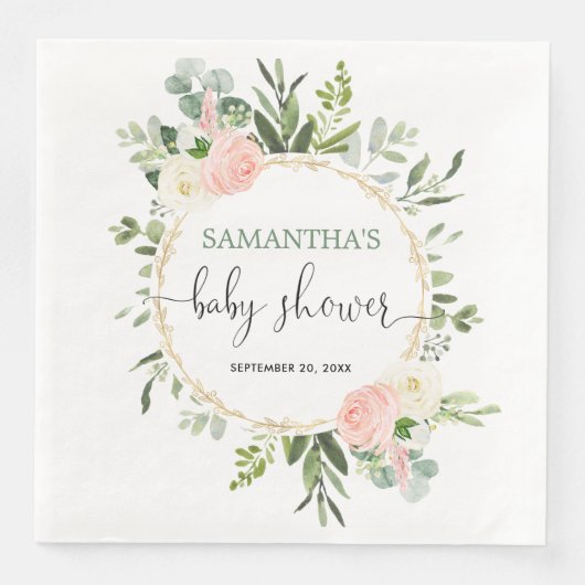 Serviette En Papier Vert blanc rose vif or floral élégant (Devant)