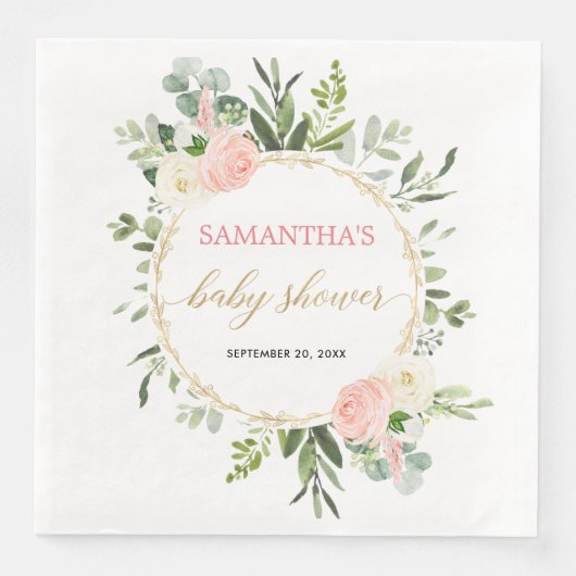 Serviette En Papier Vert blanc rose vif or floral élégant (Devant)