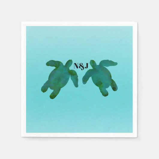 Serviette En Papier Vert bleu Aquarelle 2 Ocean Sea Turtles Mariage (Devant)