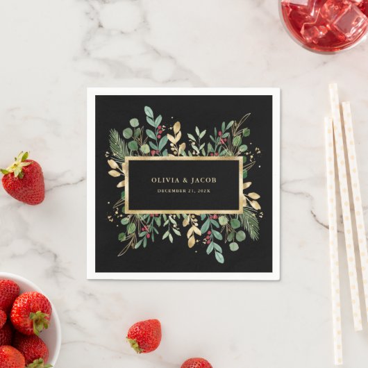 Serviette En Papier Vert doré Noir | Mariage de Noël (En situation)