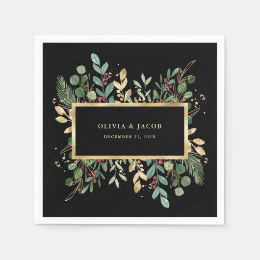 Serviette En Papier Vert doré Noir | Mariage de Noël (Devant)