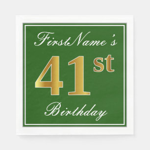 Serviette En Papier Vert élégant, or faux 41e anniversaire + nom