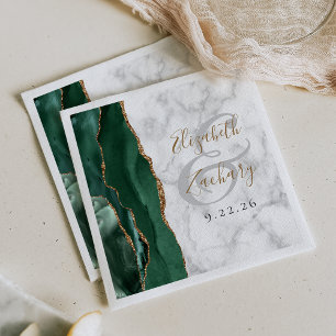 Serviette En Papier Vert émeraude Agate Marbre Or Script Mariage