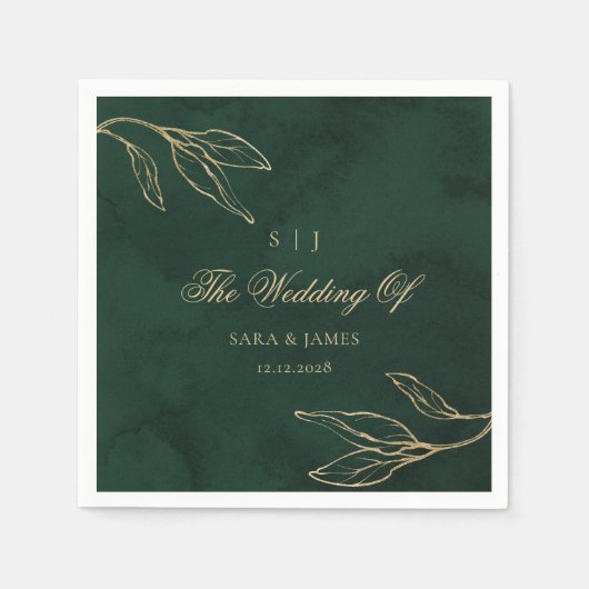 Serviette En Papier Vert émeraude Botanique Mariage enchanté (Devant)