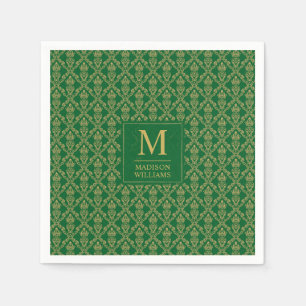 Serviette En Papier Vert émeraude et or, motif damassé sans couture