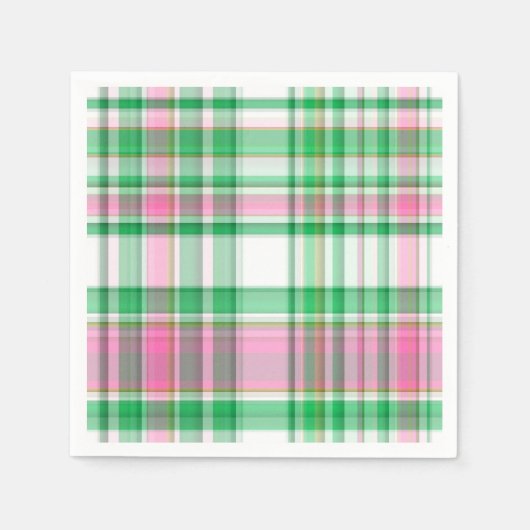 Serviette En Papier Vert émeraude, Rose Chaud, Madras blanc Preppy Pla (Devant)