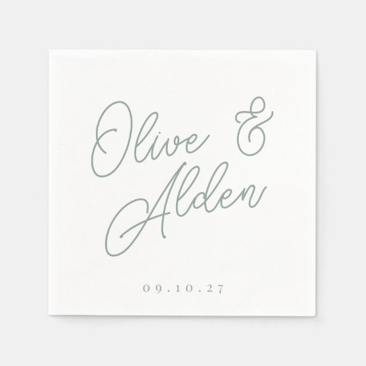 Serviette En Papier Vert eucalyptus | Mariage de noms de script surdim (Devant)