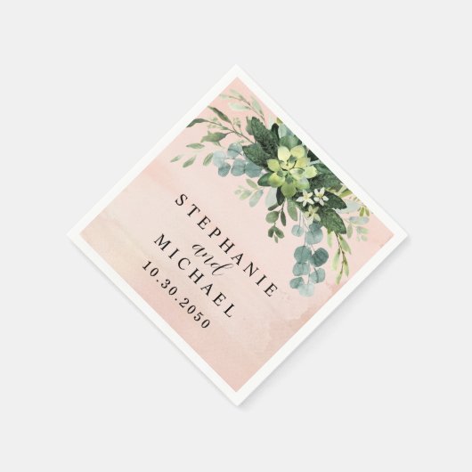 Serviette En Papier Vert Eucalyptus Rose Brut (Coin)