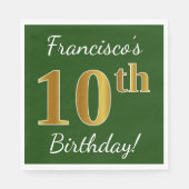 Serviette En Papier Vert, Faux Gold 10e anniversaire + Nom personnalis (Devant)