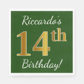 Serviette En Papier Vert, Faux Gold 14e anniversaire + Nom personnalis (Devant)