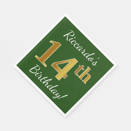 Serviette En Papier Vert, Faux Gold 14e anniversaire + Nom personnalis (Coin)