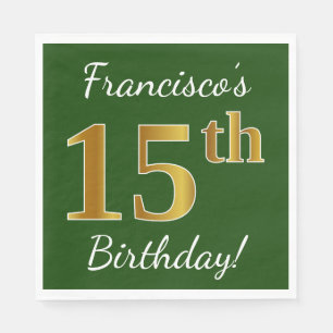 Serviette En Papier Vert, Faux Gold 15e anniversaire + Nom personnalis