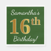 Serviette En Papier Vert, Faux Gold 16e anniversaire + Nom personnalis (Devant)