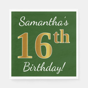 Serviette En Papier Vert, Faux Gold 16e anniversaire + Nom personnalis