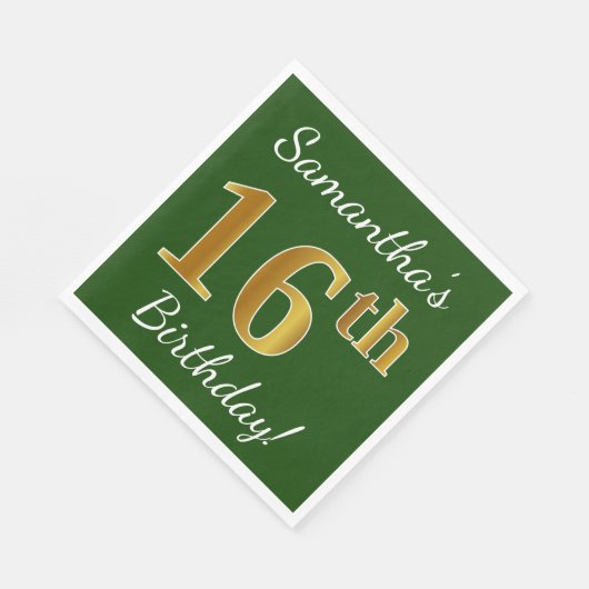 Serviette En Papier Vert, Faux Gold 16e anniversaire + Nom personnalis (Coin)