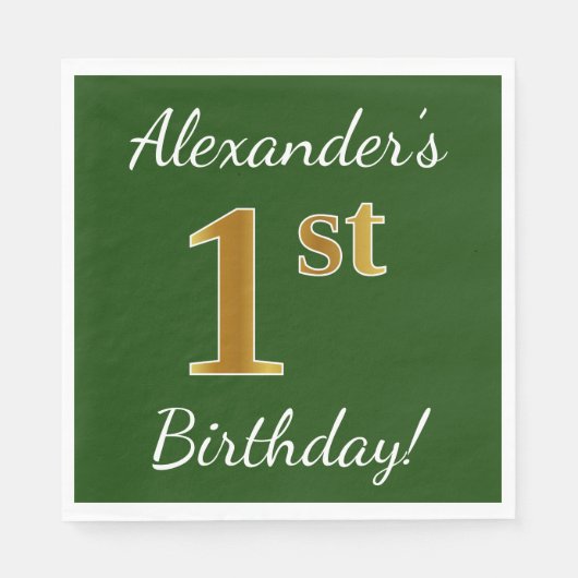 Serviette En Papier Vert, Faux Gold 1er anniversaire + Nom personnalis (Devant)