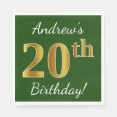 Serviette En Papier Vert, Faux Gold 20e anniversaire + Nom personnalis (Devant)