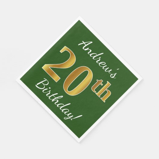 Serviette En Papier Vert, Faux Gold 20e anniversaire + Nom personnalis (Coin)
