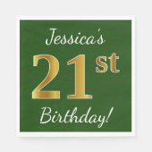 Serviette En Papier Vert, Faux Gold 21e anniversaire + Nom personnalis (Devant)