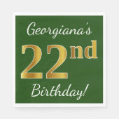 Serviette En Papier Vert, Faux Gold 22e anniversaire + Nom personnalis (Devant)