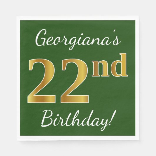 Serviette En Papier Vert, Faux Gold 22e anniversaire + Nom personnalis (Devant)