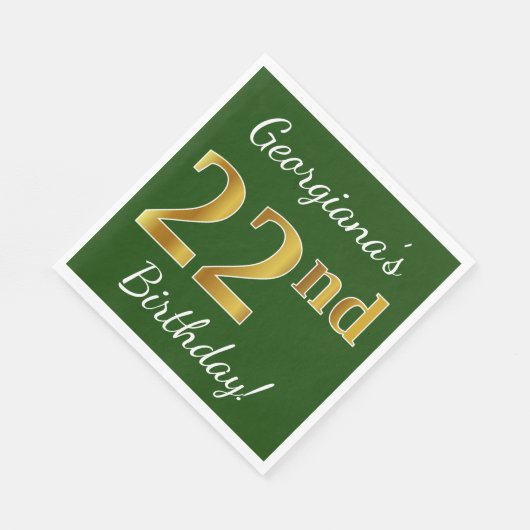 Serviette En Papier Vert, Faux Gold 22e anniversaire + Nom personnalis (Coin)