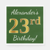 Serviette En Papier Vert, Faux Gold 23ème anniversaire + Nom personnal (Devant)