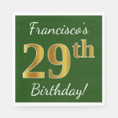 Serviette En Papier Vert, Faux Gold 29e anniversaire + Nom personnalis (Devant)