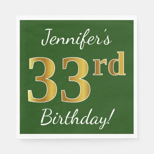 Serviette En Papier Vert, Faux Gold 33ème anniversaire + Nom personnal (Devant)