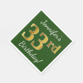 Serviette En Papier Vert, Faux Gold 33ème anniversaire + Nom personnal (Coin)