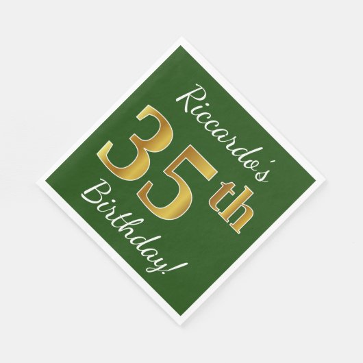 Serviette En Papier Vert, Faux Gold 35e anniversaire + Nom personnalis (Coin)
