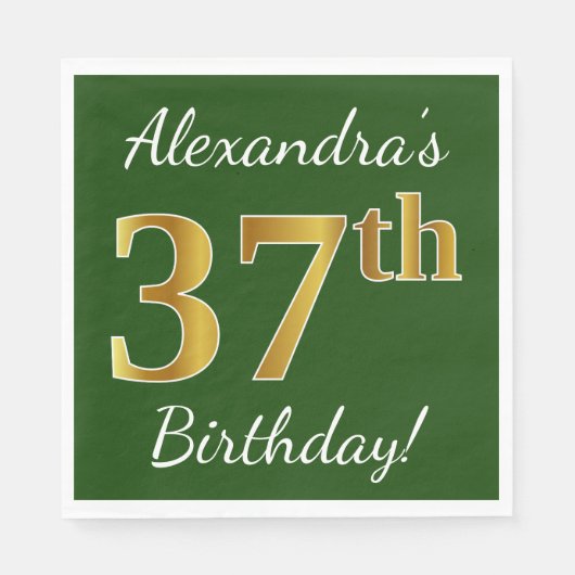 Serviette En Papier Vert, Faux Gold 37e anniversaire + Nom personnalis (Devant)