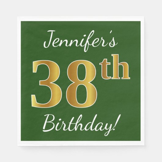 Serviette En Papier Vert, Faux Gold 38e anniversaire + Nom personnalis (Devant)